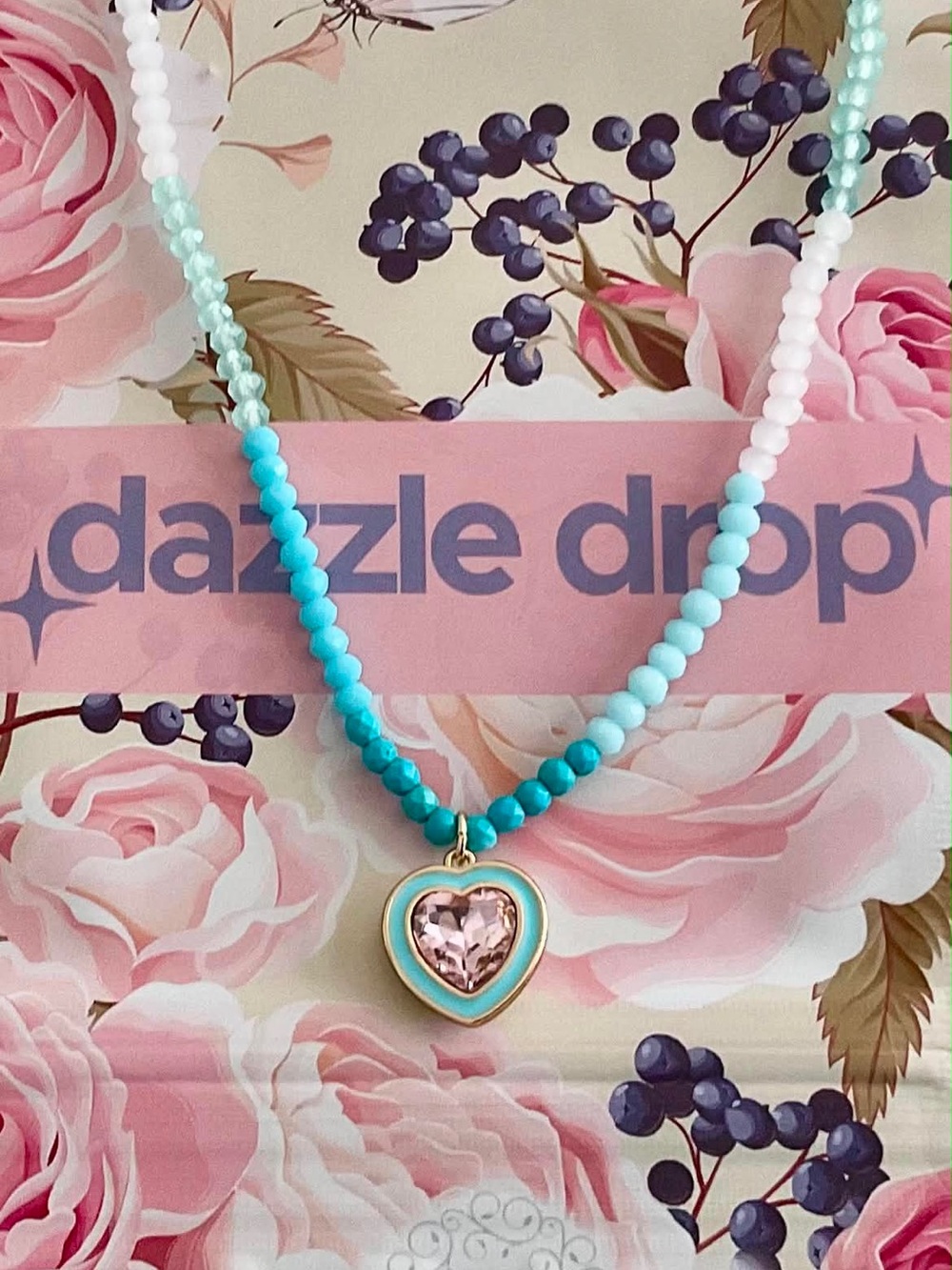 Park Lane DAZZLE DROP Turquoise Beaded Necklace with Blush Pink CZ Heart Pendant